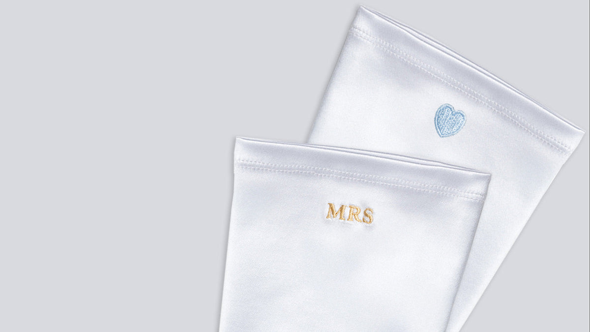 Two white handkerchiefs with 'MRS' embroidery on a light gray background
