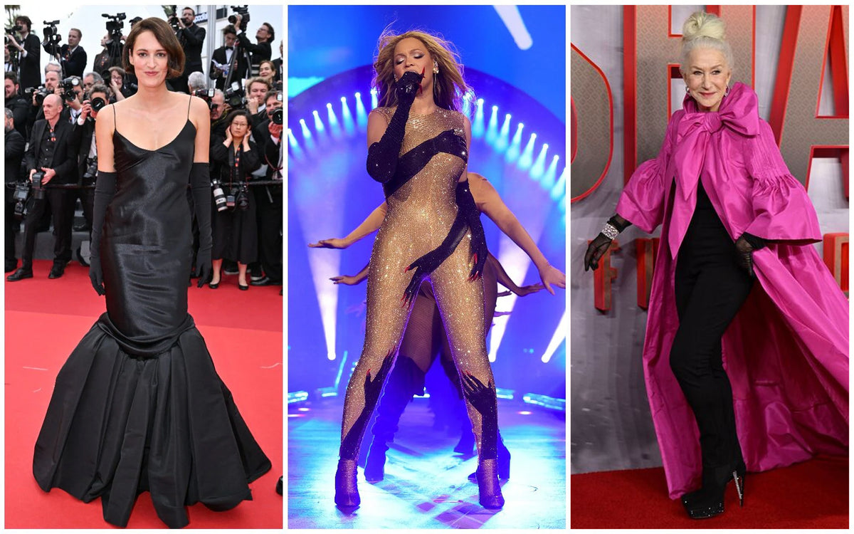 Three fashion images: a woman in a black dress on a red carpet, a performer in a gold outfit on stage, and a woman in a pink coat on a red carpet.