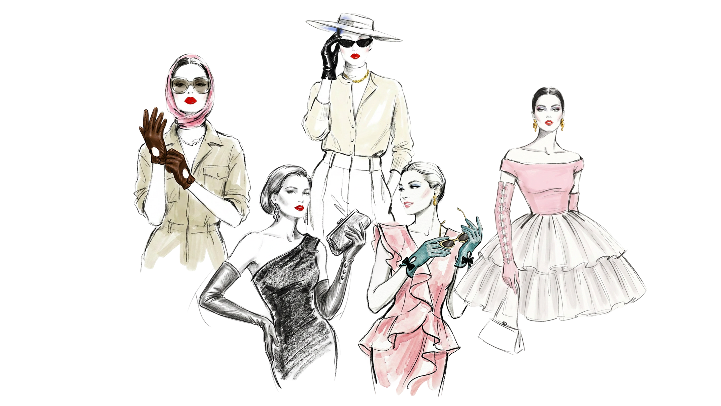 Illustrations of women in vintage fashion on a white background