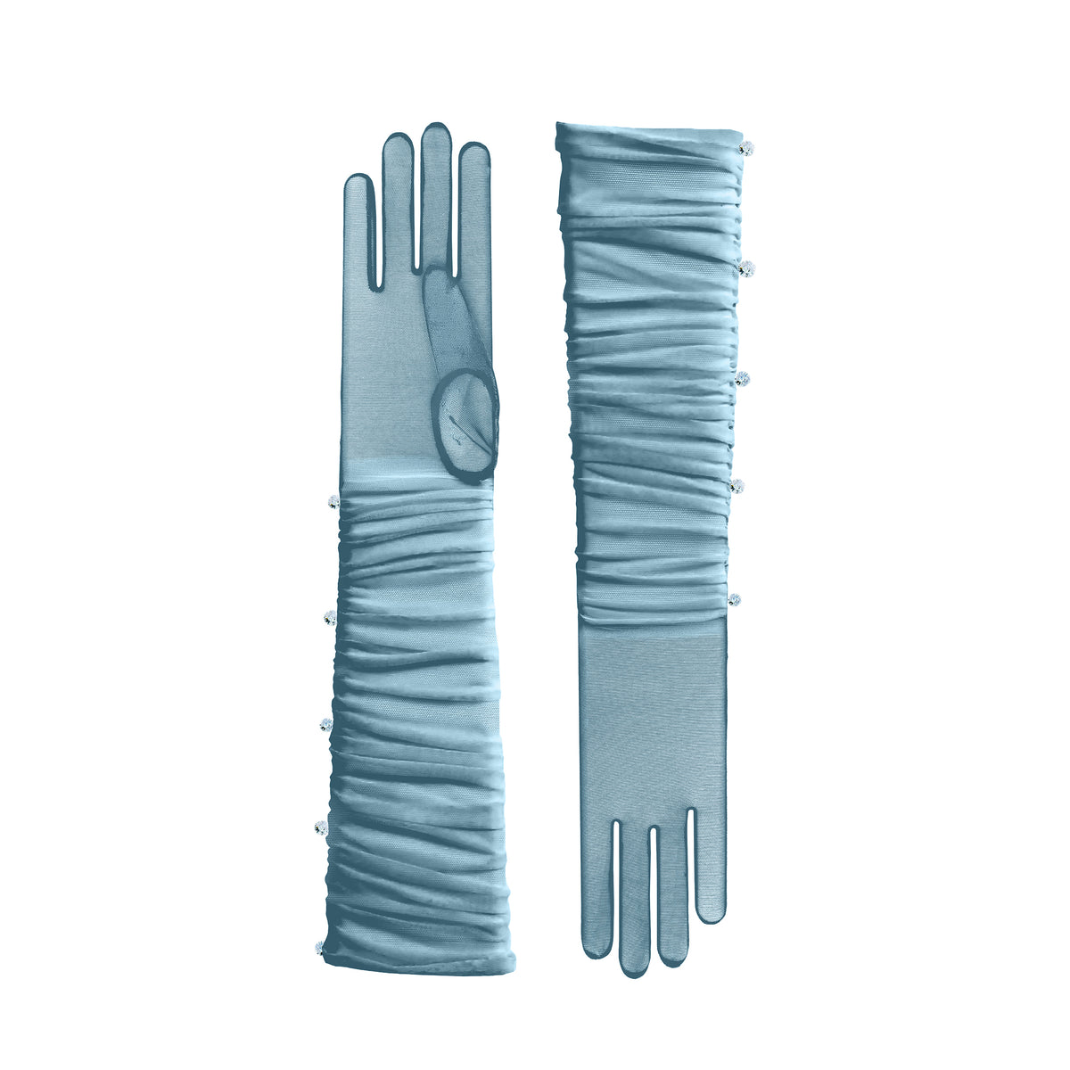 Pair of light blue gloves with pleated design on a white background