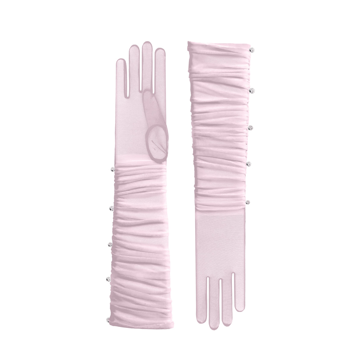 Pair of pink gloves with pearl embellishments on a white background