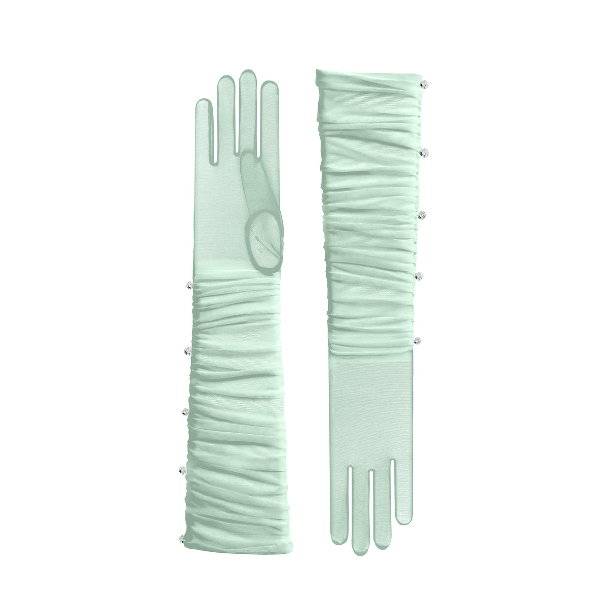 Pair of light green gloves with pearl embellishments on a white background