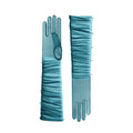 Pair of teal gloves with ruched design on a white background