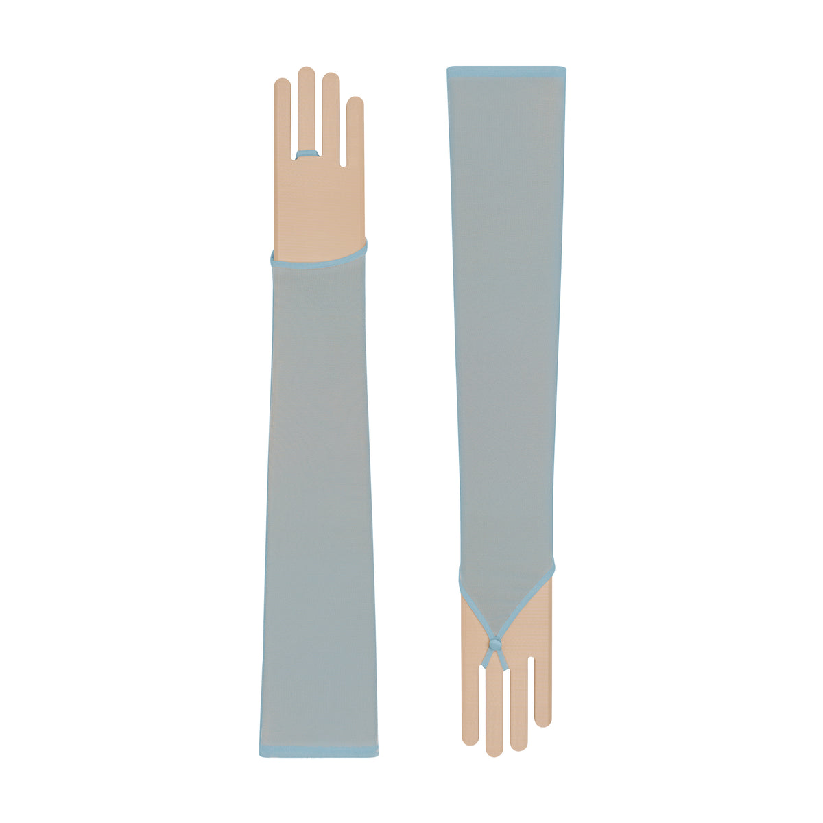 Pair of gray sun gloves with a small blue band on a white background