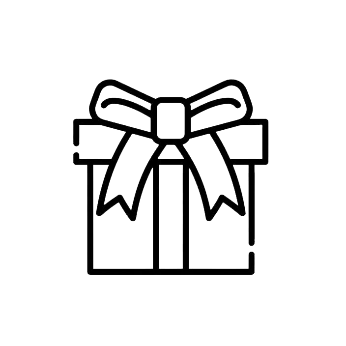 Black line drawing of a gift box with a bow on a white background