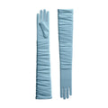 Pair of light blue gloves with a textured pattern on a white background