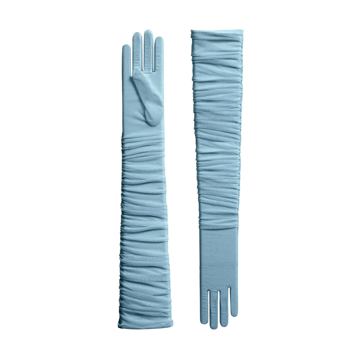Pair of light blue gloves with a textured pattern on a white background
