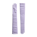 Pair of long, light purple gloves on a white background