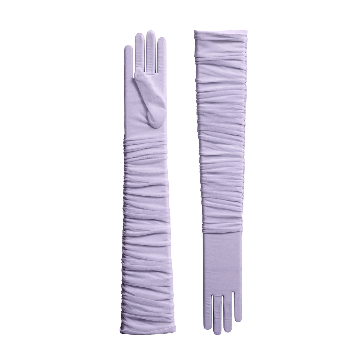 Pair of long, light purple gloves on a white background