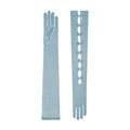 Pair of light blue gloves with a matching glove holder on a white background