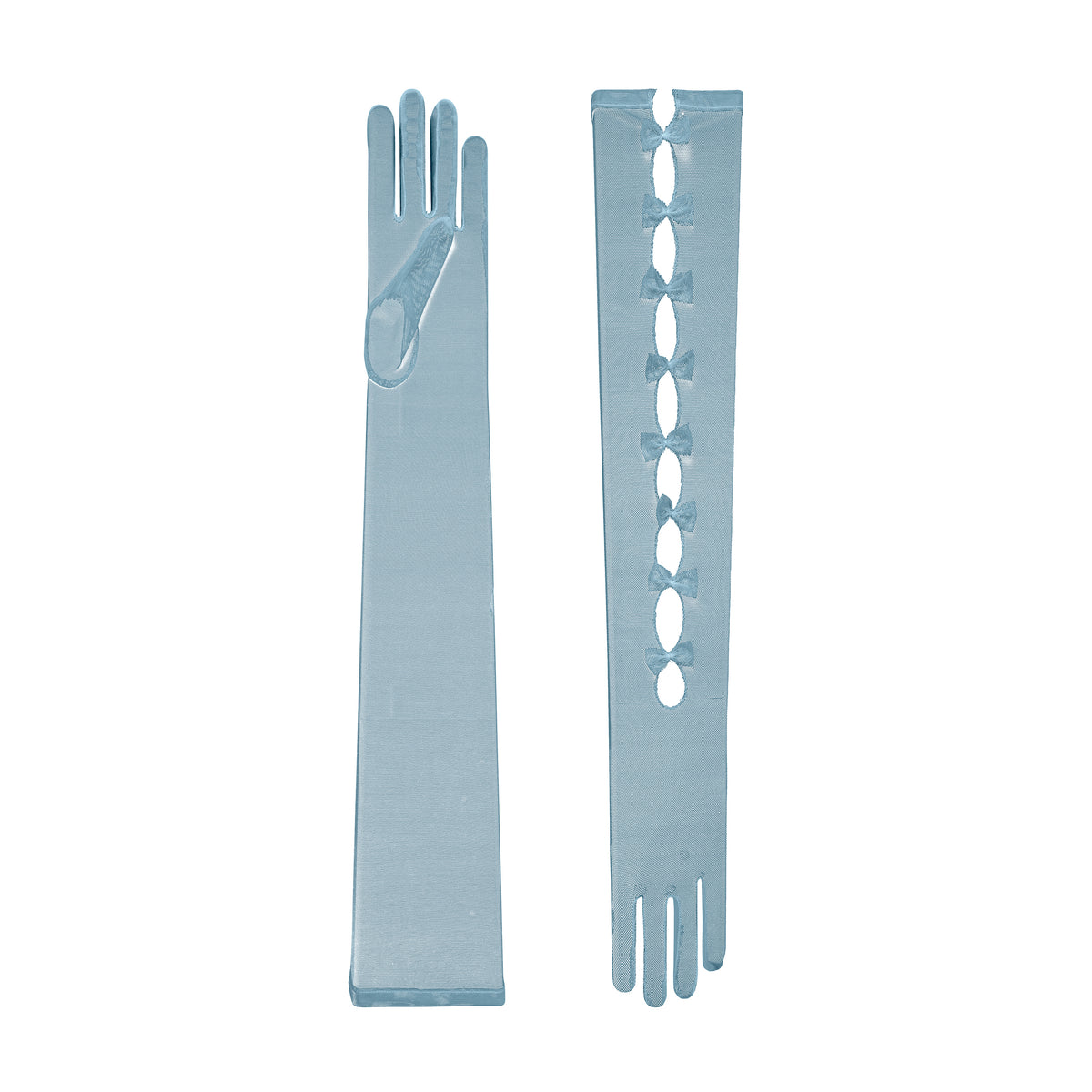 Pair of light blue gloves with a matching glove holder on a white background