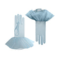 Pair of light blue gloves with tutu-like cuffs on a white background