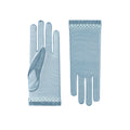 Pair of light blue gloves with a textured surface on a white background