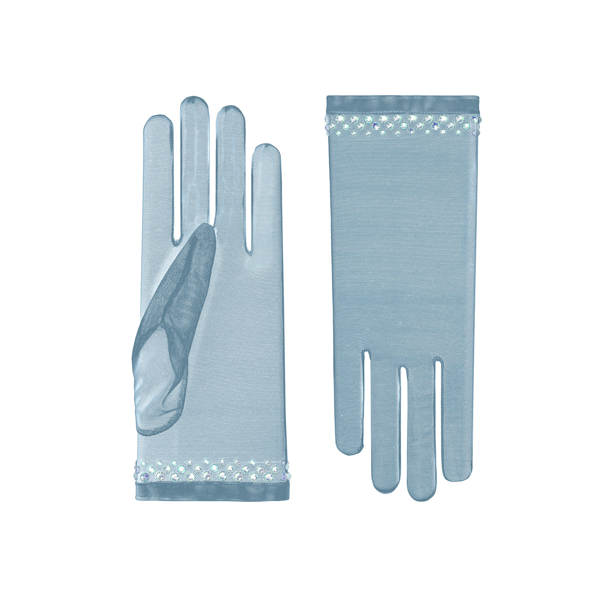 Pair of light blue gloves with a textured surface on a white background