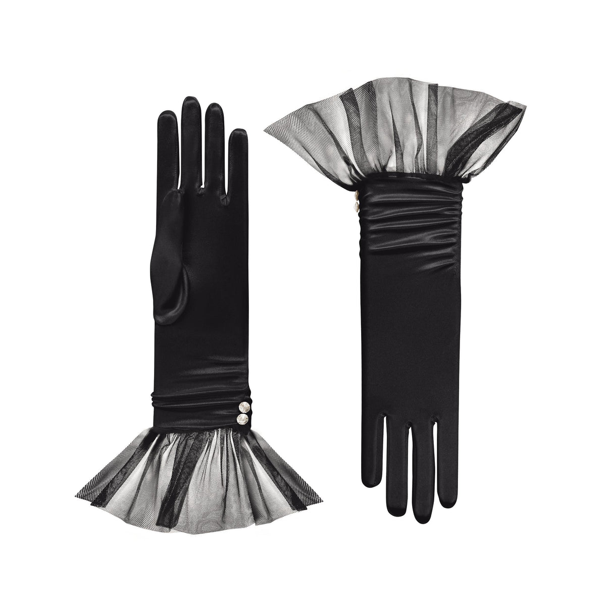 Melody | Satin Glove with Ballerina Tulle Cuff-Black-Cornelia James [cw:black|high]